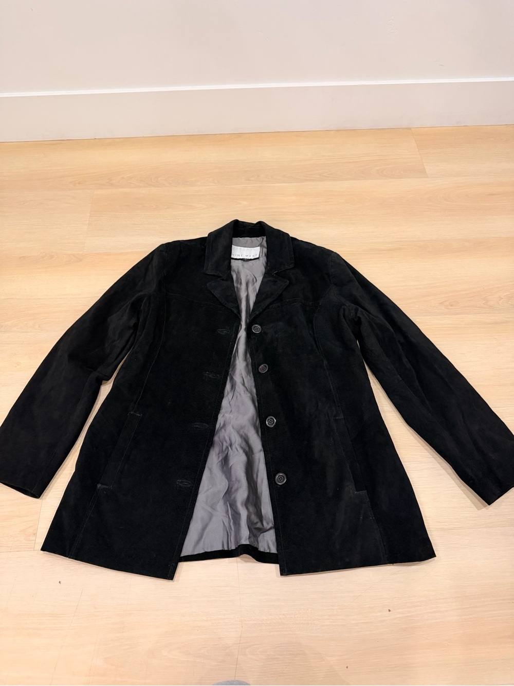 Nine West Black Suede Button-Front Pea Coat